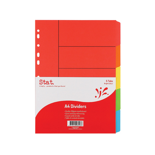 Stat A4 Dividers Manilla Bright Colours 5 Tabs