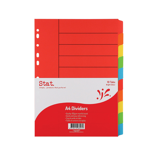 Stat Tab Dividers A4 Manilla Bright Colours - 10 Tabs