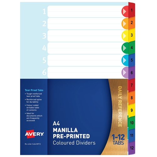 Avery A4 Pre-Printed Dividers, Rainbow, 1-12 Tabs Bright Multi-Coloured, Numerical
