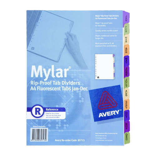 Avery A4 Jan-Dec Tabs Dividers Printed Myler Reinforced - Fluoro Coloured Tabs 85713