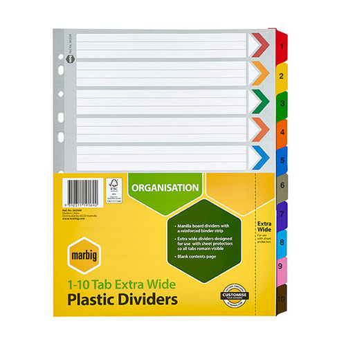 Marbig A4 1-10 Tabs Dividers Reinforced Extra Wide Board - Coloured Tabs 36250F