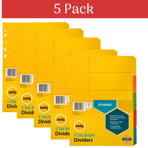 Marbig A4 1-5 Tabs Dividers Manilla - Bright Coloured Tabs 37100F - 5 Pack