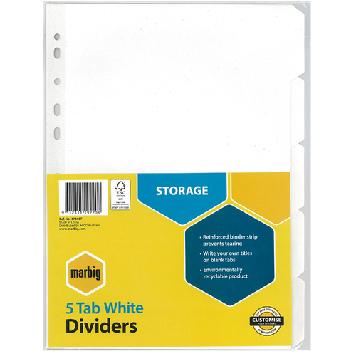 Marbig A4 5 Tabs Dividers Reinforced Manilla - White Tabs 37300F
