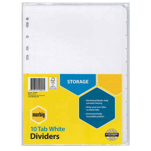 Marbig A4 10 Tabs Dividers Reinforced Manilla - White Tabs 37400F