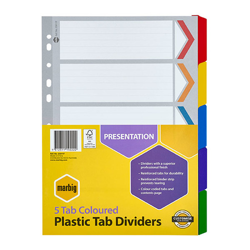 Marbig A4 5 Tabs Dividers Manilla Reinforced - Coloured Tabs 35011F