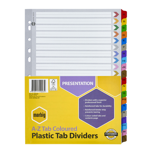 Marbig A4 A-Z Tab Dividers Polypropylene - Coloured Tabs 35024F