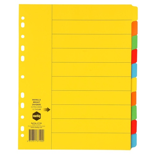 Marbig A4 10 Tabs Dividers Manilla Extra Wide - Bright Coloured Tabs 37190F