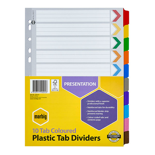 Marbig A4 10 Tabs Dividers Manilla Reinforced - Coloured Tabs 35017F
