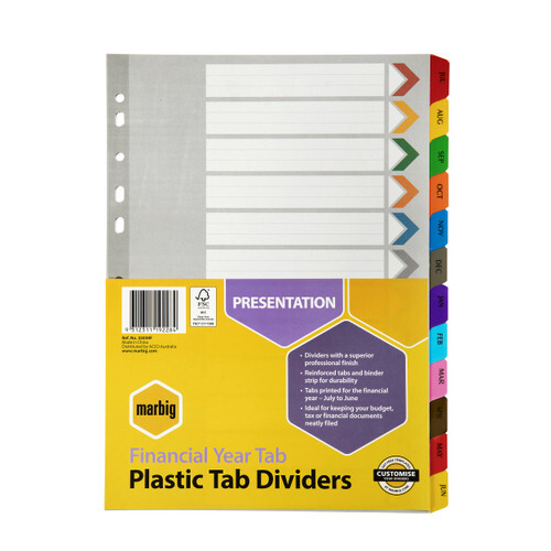 Marbig A4 Tabs Dividers Reinforced Financial Year - Coloured Tabs 35039F