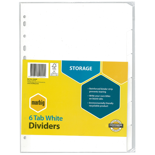 Marbig A4 6 Tabs Dividers Manilla - White Tabs 37620F