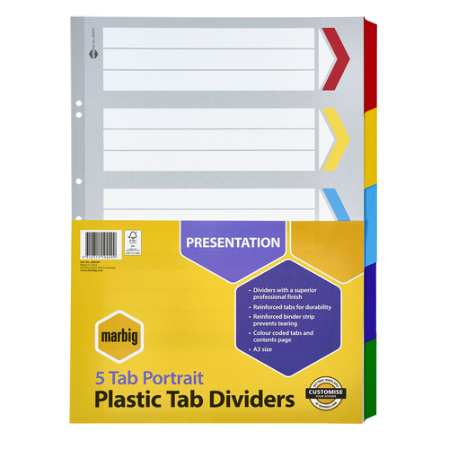 Marbig A3 5 Tab Reinforced Dividers Portrait - Coloured Tabs