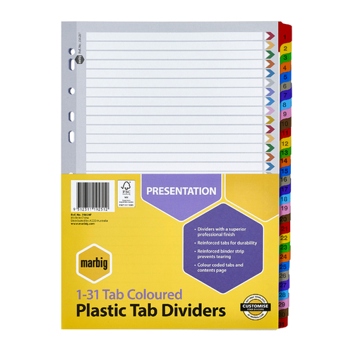 Marbig A4 1-31 Indices And Tab Dividers Reinforced - Coloured Tabs 35028F