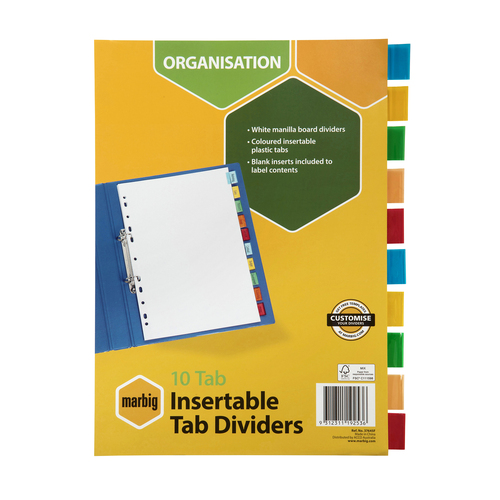 Marbig A4 Insertable Tab Dividers 10 Tabs - Assorted Colours