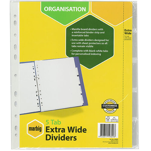 Marbig A4 5 Tab Dividers Reinforced Manilla Extra Wide - White Tabs 37650F