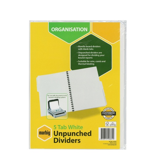 Marbig A4 5 Tabs Dividers Manilla Unpunched - White Tabs 37305F