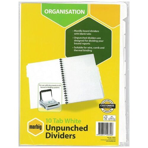 Marbig A4 10 Tabs Dividers Manilla Unpunched - White Tabs 37405F