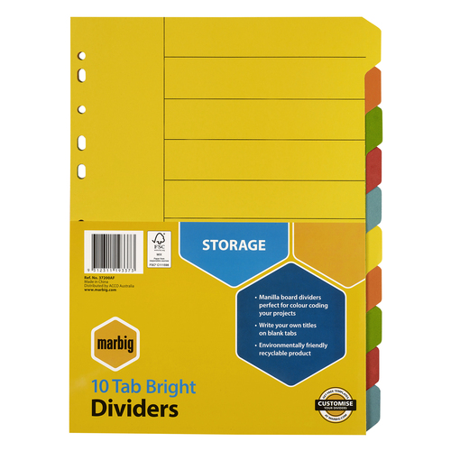 Marbig A4 Tab Dividers 10 Tabs Manilla - Assorted Bright Colours