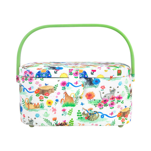 Medium Sewing/Craft Basket  With Secure Closure, Nifty Pockets & Pin Cushion "BIRCH" | 30 x 20.5 x 16cm | 011003 - PLAYFUL CATS IN BLOOM