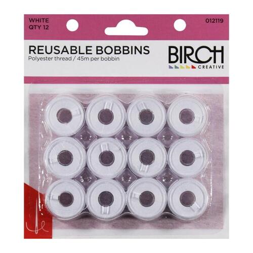 BIRCH - Pre-Wound Reusable Bobbins 12 Pack 45m Per Bobbin 012119 - White