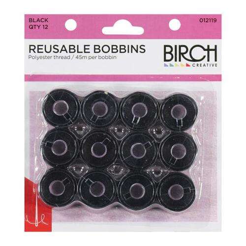 BIRCH - Pre-Wound Reusable Bobbins 12 Pack 45m Per Bobbin - Black