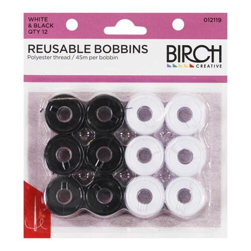 BIRCH - Pre-Wound Reusable Bobbins 12 Pack 45m Per Bobbin 012119 - BLACK & WHITE