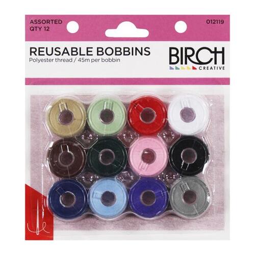 BIRCH - Pre-Wound Reusable Bobbins 12 Pack 45m Per Bobbin 012119 - Assorted