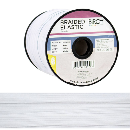 Birch Elastic Braided Roll 9mm x 100m White 100% Polyester Bulk Roll - 009036