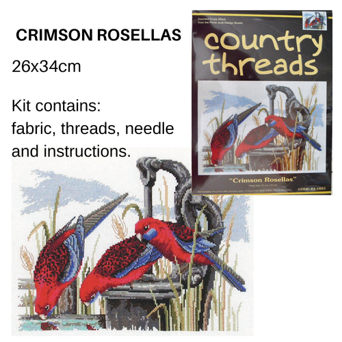 Country Threads CRIMSON ROSELLAS Cross Stitch Kit 26cm x 34cm 14 Count Aida Fabric