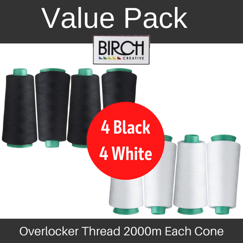 Birch Overlocker Thread 2000m Ea Cone BULK BUY - 4 x WHITE + 4 x BLACK