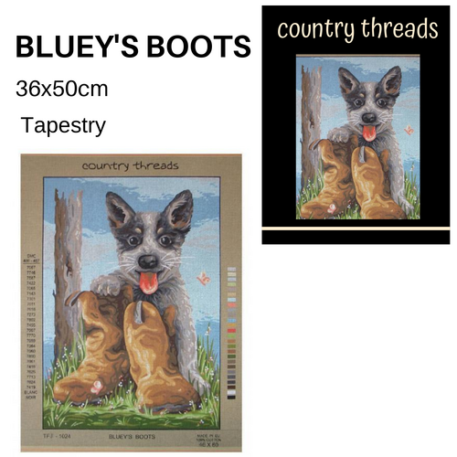 Country Threads Tapestry BLUEY'S BOOTS Design Printed On Canvas 36cm x 50cm - TFJ-1024