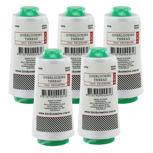 Birch Overlocker Thread 2000m Cones, 100% Polyester | 5 PACK | WHITE - BE0056