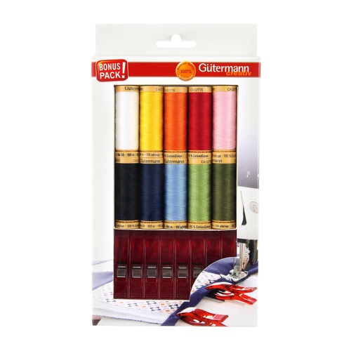 Gutermann Sew All Thread Set - 10 x 100m Reels Mixed Colours With Quilting Clips - 734585