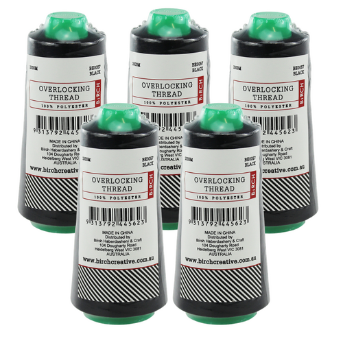 Birch Overlocker Thread 2000m Cones, 100% Polyester | 5 PACK | BLACK - BE0057