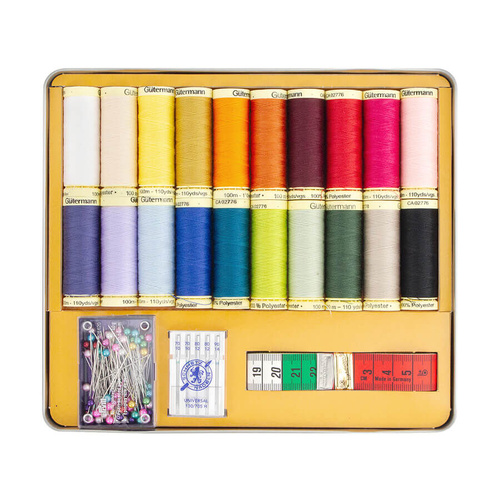 Gutermann Sew All Thread Set - 20 x 100m Reels Mixed Fashion Colours With Needles, Pins &Tape Measure - 799785