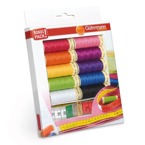 Gutermann Sew All Thread Set - 10 x 100m Reels Mixed Colours With Measuring Tape - 734581