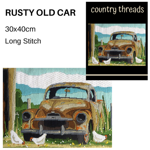 Country Threads Long Stitch Kit RUSTY OLD CAR Design Includes Thread 30cm x 40cm - FLS-5021