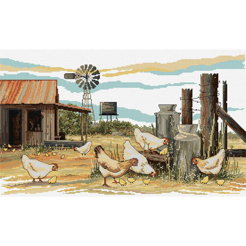Country Threads Cross Stitch Kit CHICKENS SCRATCHING Design Includes Thread 30cm x 50cm - FJ-1086