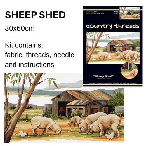 Country Threads Cross Stitch Kit SHEEP SHED Design Includes Thread 30cm x 50cm - FJ-1083