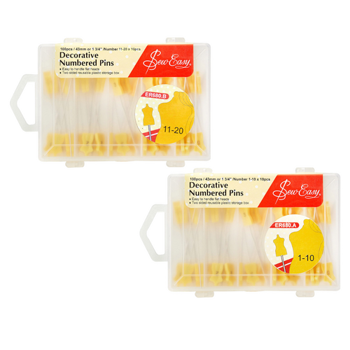 Numbered Pins 1-10 & 11-20 Decorative Sew Easy Hangsell Plastic Box BULK BUY 2 Pack | 200 Pieces (10 Of Each) | 43mm Or 1 3/4" | ER680.A | ER680.B