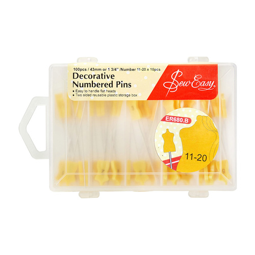 Numbered Pins 11-20 Decorative Sew Easy Hangsell Plastic Box | 100 Pieces (10 Of Each) | 43mm Or 1 3/4" | ER680.B