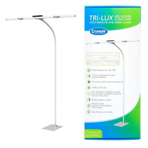 Triumph LED Floor Desk Lamp Tri-Lux 1500LMS Dimmer Remote Desk Clamp Timer Multi-Utility| White | OD003.W