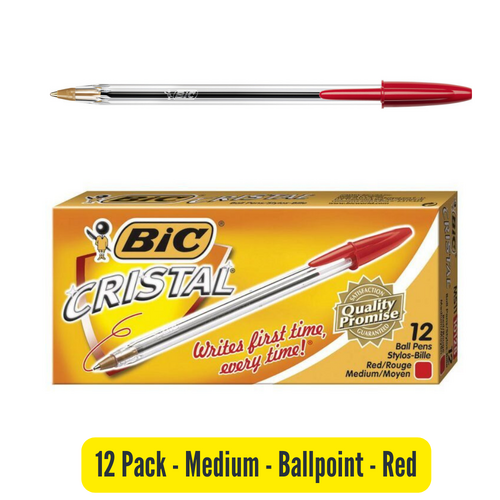 Bic Ballpoint Cristal Medium Point Pen RED 954378 - 12 Pack