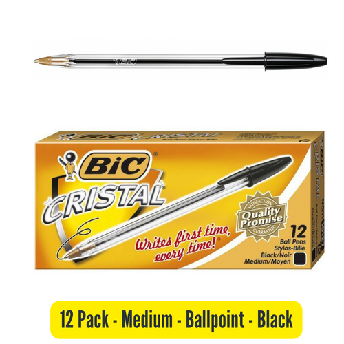 Bic Ballpoint Cristal Medium Point Pen BLACK 954375 - 12 Pack