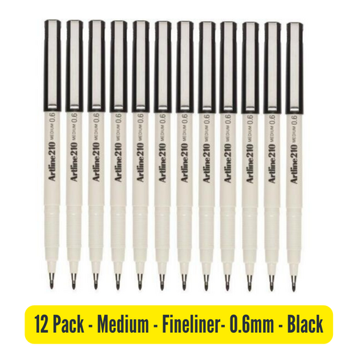 Artline Marker 210 Fineliner Pen Medium 0.6mm BLACK 121001 - 12 Pack