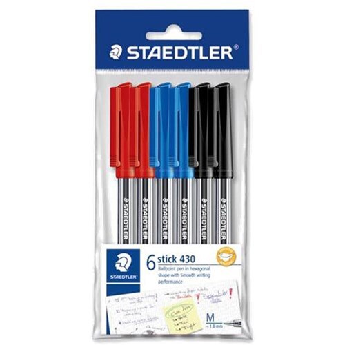 Staedtler Stick 430 Medium Ballpoint Pen 6 Pack - Assorted