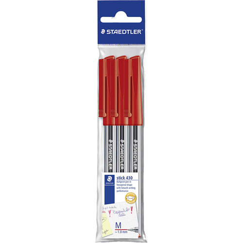 Staedtler Stick 430 Medium Ballpoint Pen 3 Pack - Red