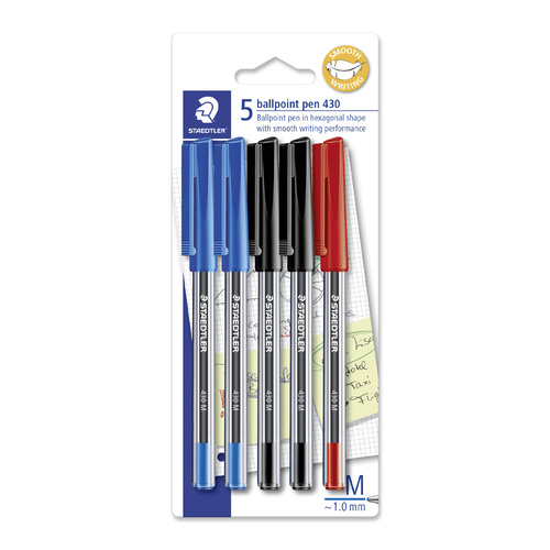 Staedtler Stick 430 Medium Ballpoint Pen 5 Pack - Assorted 