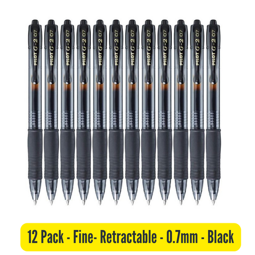 Pilot Roller Ball Pen BL-G2-7 Fine Retractable Gel Pen BLACK 622509 - 12 Pack