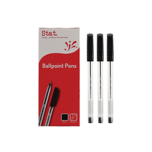Stat Medium Ballpoint Pen 1.0mm Clear Barrel, Quick Drying BLACK - 12 Pack
