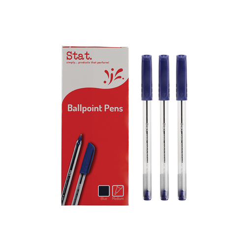 Stat Medium Ballpoint Pen 1.0mm Clear Barrel, Quick Drying BLUE - 12 Pack